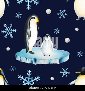 Watercolor seamless pattern with king penguin family on the floating ice isolated. Hand painting realistic Arctic and Antarctic ocean mammals. For des Stock Photo