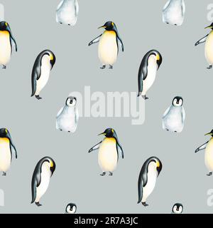 Watercolor seamless pattern with king penguin family isolated. Hand painting realistic Arctic and Antarctic ocean mammals. For designers, decoration, Stock Photo