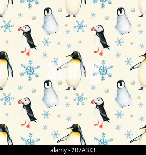 Watercolor winter seamless pattern with king penguins under snowflakes and puffin birds isolated. Hand painting realistic Arctic and Antarctic ocean m Stock Photo