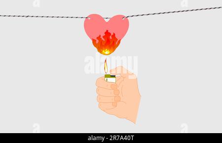 State of mind, love fire burning broken heart. Burning a broken heart from love in the flame from a lighter. Stock Photo