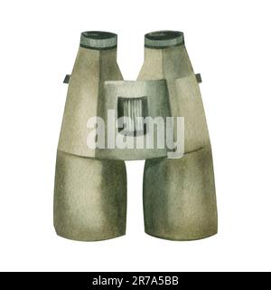 Binoculars. Watercolor drawing, binoculars green for travel and hiking hand drawn in watercolor and isolated on a white background. Stock Photo