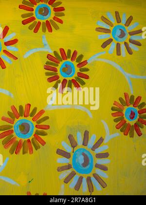 Full frame picture with colorful flowers and yellow background. Watercolor. Stock Photo