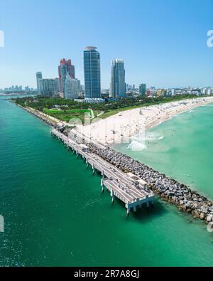 An aerial view of South Point Pier in South Beach, Miami Beach, Florida Stock Photo