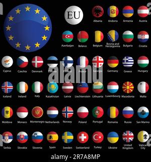 europe glossy icons collection against black background, abstract vector art illustration Stock Vector