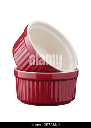 Two red round empty porcelain ramekin on a white background Stock Photo