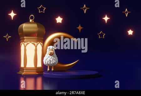 Eid al-Adha products podium Feast of Sacrifice Muslim religious holiday Islamic festival Ramadan End. Candle lantern glowing light sheep sacrifice cre Stock Photo