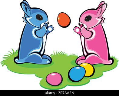 Two Easter Bunnies breaking eggs isolated on white Stock Vector