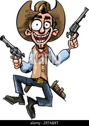 Cartoon cowboy jumping up and down with six guns. Isolated on white Stock Vector