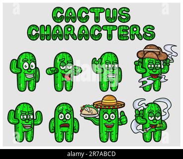 Set Of Cactus Cartoon Mascot Characters. With Simple Gradients. Vectors And Illustrations. Stock Vector