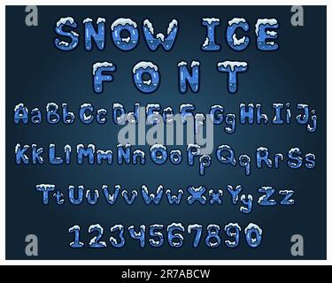 Latin Alphabet Made Of Snow Ice Font Cartoon. English Letters From A to Z. Vector font for Label, Greeting Card, Lettering and Logo. Vectors and Illus Stock Vector