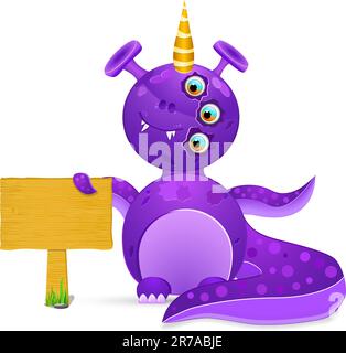 violet smily monster with empty wooden sign. vector illustration isolated on white background Stock Vector