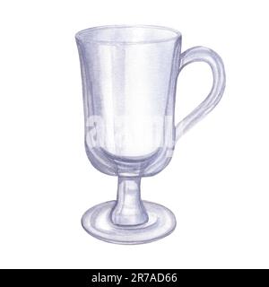 Empty Glass for drink isolated on white background. Watercolor hand drawn illustration of transparent Glassware for mulled wine. Hand drawn set Stock Photo