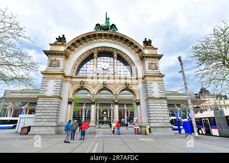 Lucern- May 17 ,2023 : Front views of  old railway station gate, Lucern is a famous tourist destination in Switzerland Stock Photo