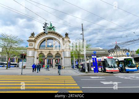 Lucern- May 17 ,2023 : Front views of  old railway station gate, Lucern is a famous tourist destination in Switzerland Stock Photo