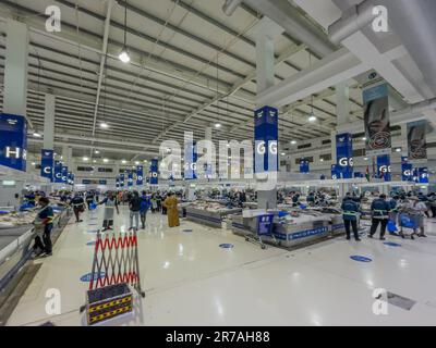 Dubai, United Arab Emirates - 13th November, 2021 : Wide angle view of the waterfront fish market in the deira area of Dubai. Stock Photo