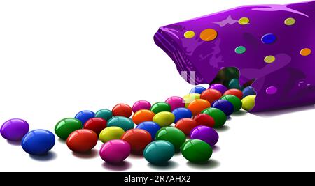 colorful shiny candies scattered  from purple  package  isolated on white background Stock Vector