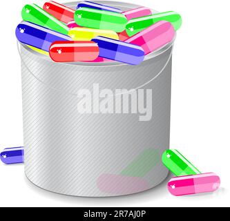 bucket full of capsules and pills isolated on white background Stock Vector