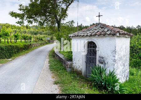 Small chapel and vineyards and a road in Traditional Abitanti stone village, remote village on istria peninsula close to adriatic sea, Slovenia Stock Photo