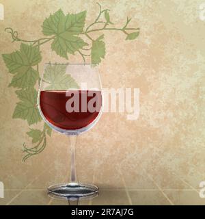 abstract grunge illustration with wineglass and grape leaves Stock Vector