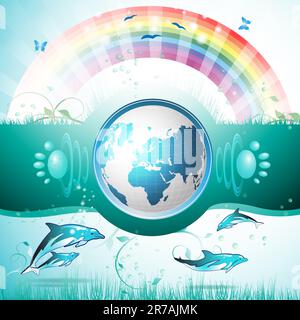 Eco Blue Earth, clean water, diving dolphin Stock Vector