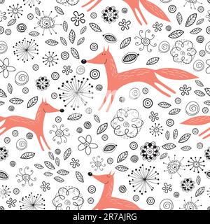 seamless graphic floral pattern with red foxes on a white background Stock Vector