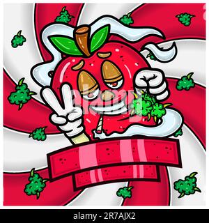 Apple Fruit Flavor Mascot Character Cartoon With Weed Bud Packaging Design. For Label, Packaging, Product, Cover and Branding. Vectors and Illustratio Stock Vector