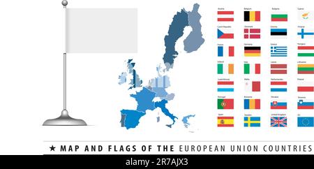 European Union Map and Flag vector illustration with empty blank flag. Easy to replacement Stock Vector