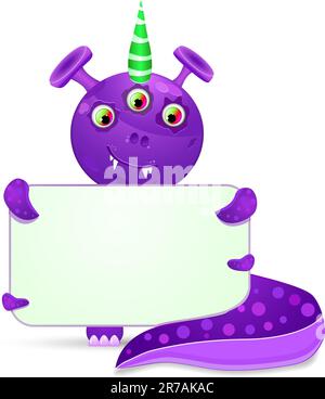 violet smily monster with empty placard. vector illustration isolated on white background Stock Vector