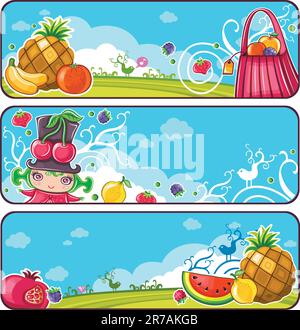 Set of of beautifully designed banners. Fruits and Berries Theme:  Colorful Summer background, blue sky, bird, fruits arrangements: Pineapple, bana... Stock Vector