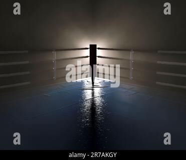 A corner of a boxing ring brightly backlit by a spotlight surrounded by ...