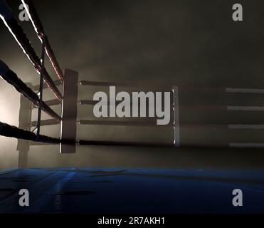A corner of a boxing ring brightly backlit by a spotlight surrounded by ...