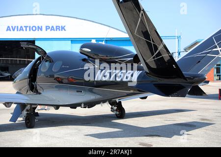 a Cirrus Vision SF50 single enigne jet with Amercian registration number N575BW parked on the apron in the Aviation Park at Hawarden Airport, UK Stock Photo