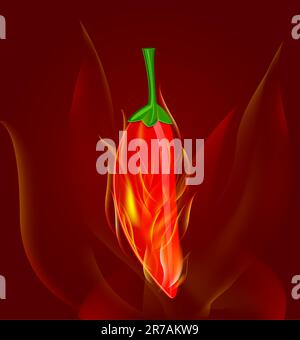 red chili pepper in fire on dark red background Stock Vector
