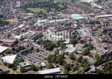 aerial view of Wrexham town centre from the north east looking south west, with the Waterworld Car Park promi9nent in the foregound Stock Photo