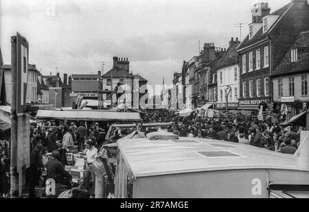 Early 1970s archive photograph of a Spring Bank Holiday market in the market square of St Ives.  Then in Huntingdon and Peterborough and now in Cambridgeshire. Stock Photo
