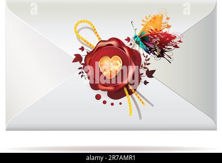 Back of envelope with seal and butterfly isolated on white background Stock Vector