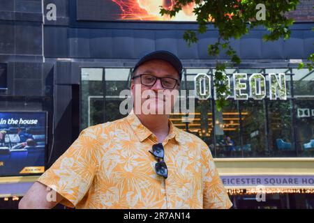 London, UK. 14th June 2023. Screenwriter Russell T Davies joins the rally, as UK screenwriters and Writers’ Guild Of Great Britain (WGGB) members gather in Leicester Square in solidarity with striking screenwriters in the USA. Credit: Vuk Valcic/Alamy Live News Stock Photo