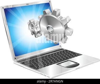Gear cogs flying out of laptop screen tune up or settings application concept illustration. Stock Vector