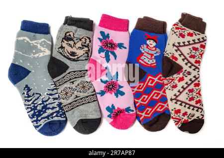 Multi-colored warm winter socks. Set of winter socks for outdoor activities in winter Stock Photo