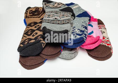 Multi-colored warm winter socks. Set of winter socks for outdoor activities in winter Stock Photo