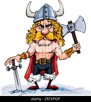 Cartoon viking with a big axe. Isolated on white Stock Vector