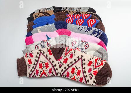 Multicolored Warm Wool Socks Set. Stock Photo