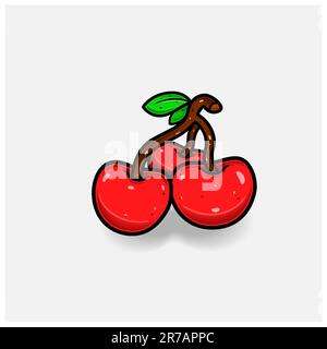 Cherry Fruit Cartoon With Simple Gradient and Details. Vector and Illustration. Stock Vector