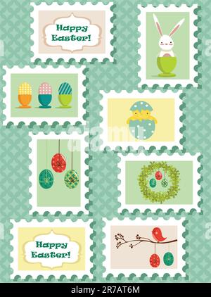 Easter postal stamps set, vector illustration Stock Vector