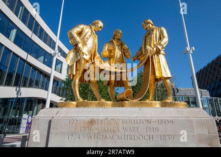 The Golden Boys Statue back in Centenary Square in Birmingham, West MIdlands UK Stock Photo