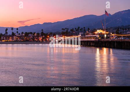 View of Santa Barbara from the wooden wharf at dusk in autumn Stock Photo