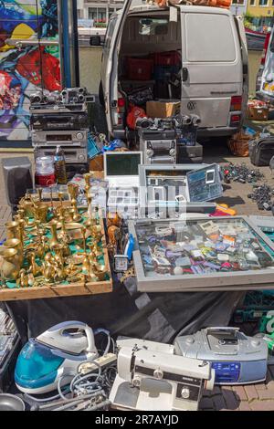 Amsterdam, Netherlands - May 16, 2018: Second Hand Electronics Audio Photographic Video Equipment Smartphones Games and Brass for Sale at Street Marke Stock Photo