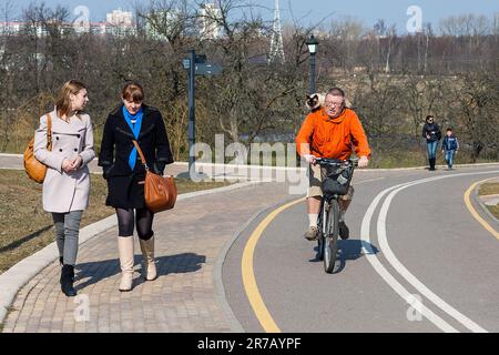 Minsk, Belarus - March 23, 2014: A man with a cat on his shoulders rides a bicycle. Pets on the original walk Stock Photo