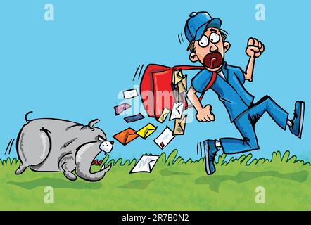 Cartoon postman running away from a dog. He is dropping his letters Stock Vector