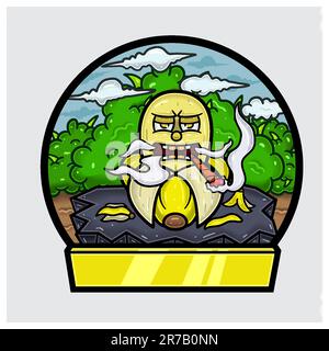 Banana Fruit Cartoon Character Do Smoking In Jungle. Blank Sign and Circle Logo. Vectors and Illustrations. Stock Vector